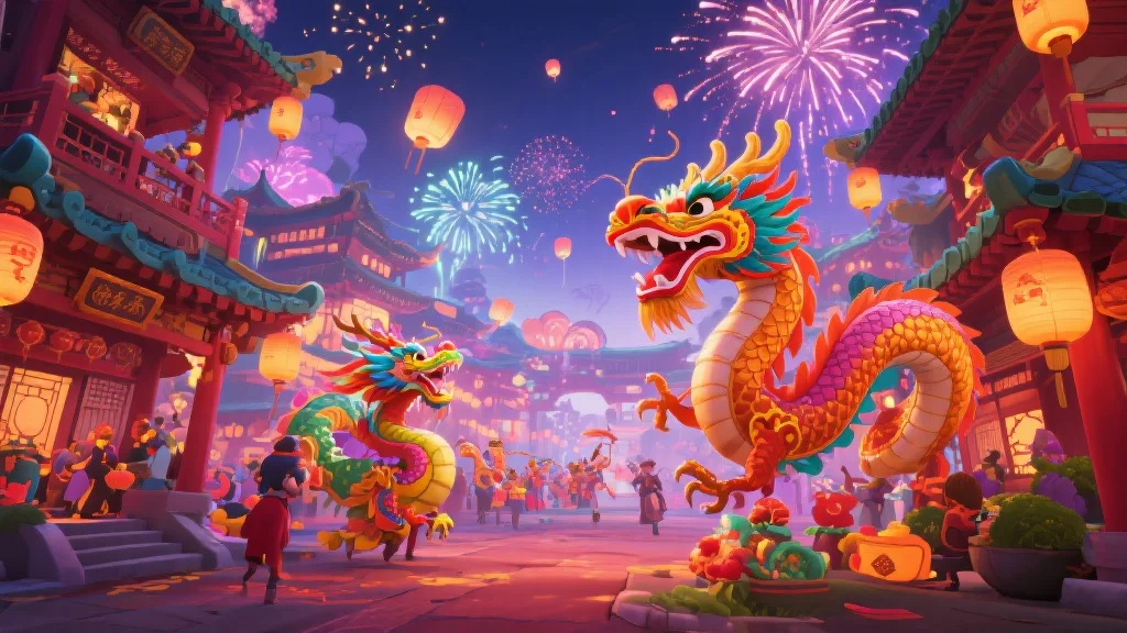 一个融合中国神话和传统节庆元素的虚拟游戏世界,画面热闹,色彩丰富,有舞龙和烟花