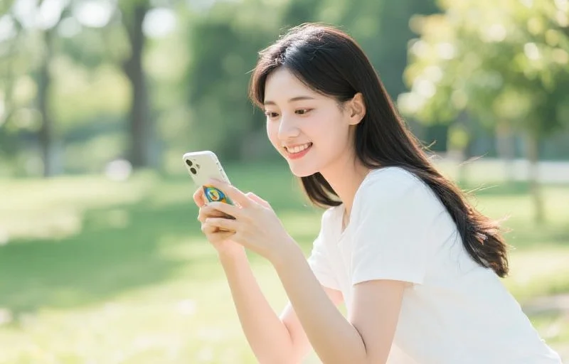 一位年轻女性在户外休闲时用智能手机操作娱乐APP,画面活泼、自然